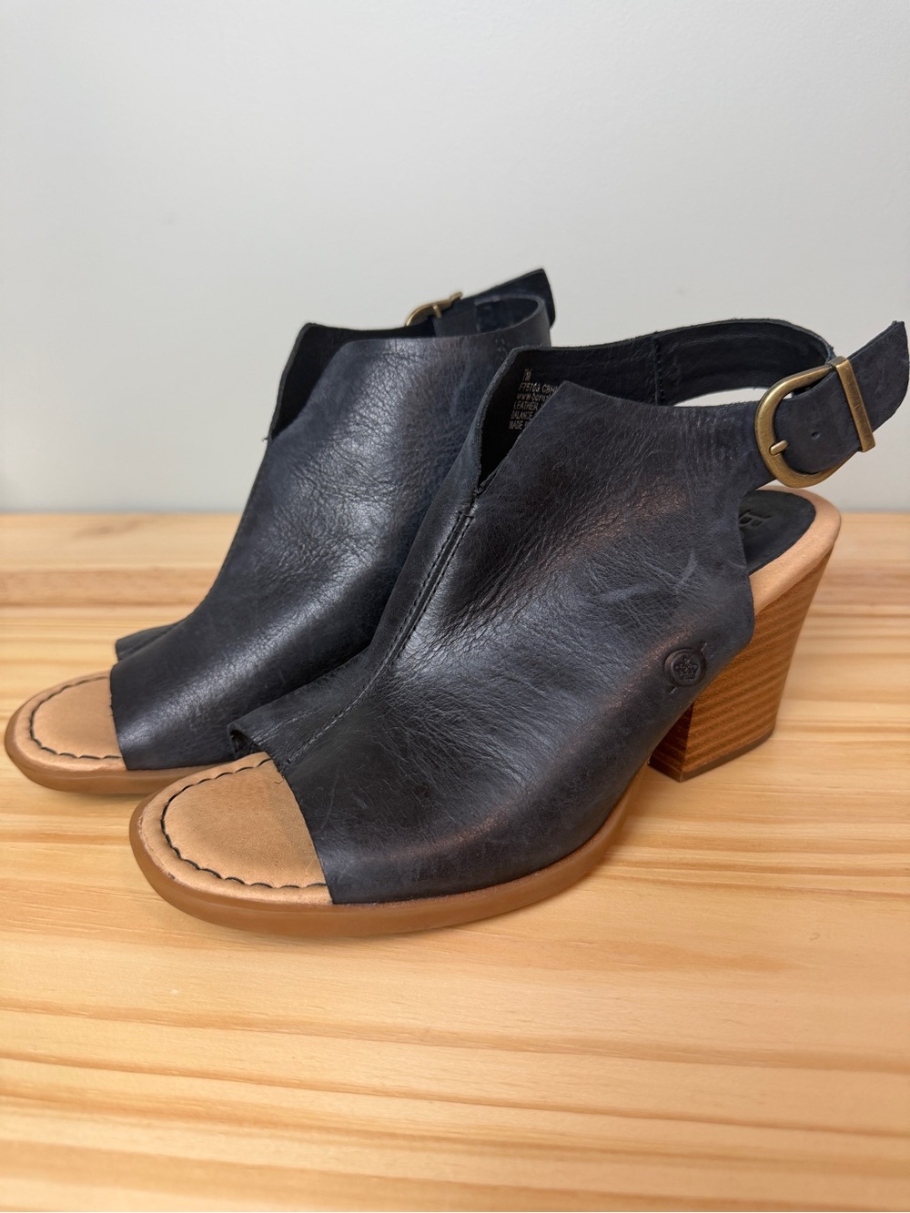 Born black leather Moraine peep-toe sandal bootie, block heel and ankle strap 7